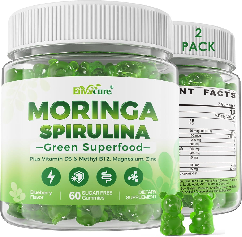 Moringa Spirulina Gummies Organic, Rich in Antioxidants, Essential Vitamins & Amino Acids, Pure Moringa Oleifera Leaves with Wheatgrass & Chlorella for Energy & Immunity, Green Superfood, 120 Cts