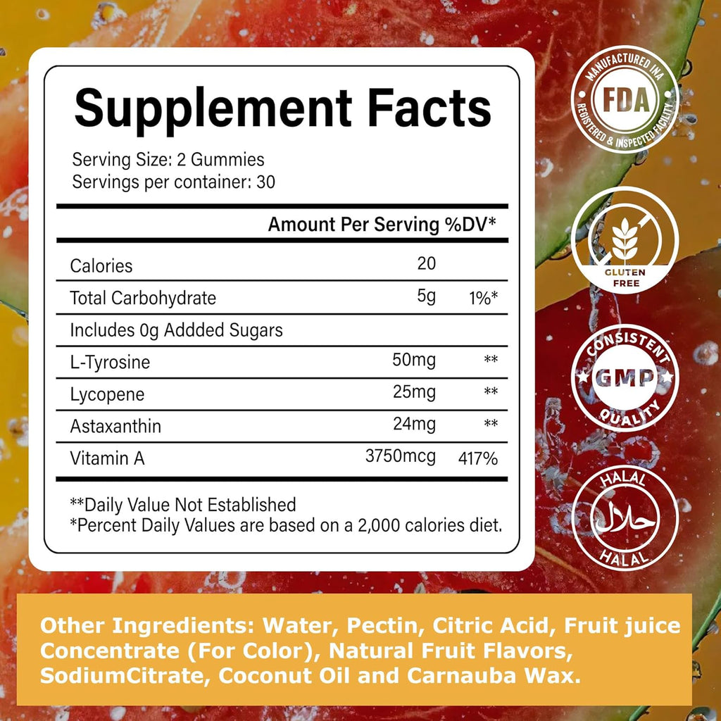 Tanning Gummies for Women, 2 Pack, Daily Skin Support Supplement, Sugar Free | Astaxanthin, L-tyrosine, Lycopene, Vitamin A | Radiant Skin & Antioxidant Support | Vegan, Non-GMO, 60 Servings