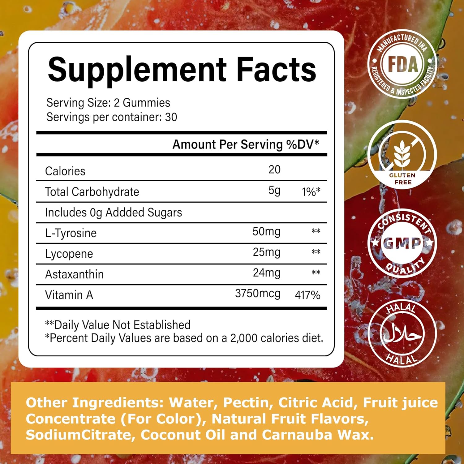 Tanning Gummies for WomenDaily Tanning Supplement, Sugar Free | Astaxanthin, L-tyrosine, Lycopene, Vitamin A | Radiant Skin & Immune Support, Antioxidant | Vegan, No GMO, 30 Servings