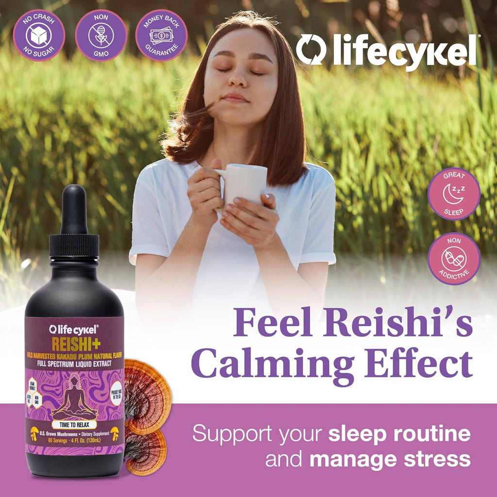 Life Cykel - Reishi Mushroom Extract w/Kakadu Plum- Adaptogen for Sleep Help, Relaxation & Cellular Support- 100% Organic Mushrooms, Antioxidants Vitamin C, 2oz (Packaging May Vary)