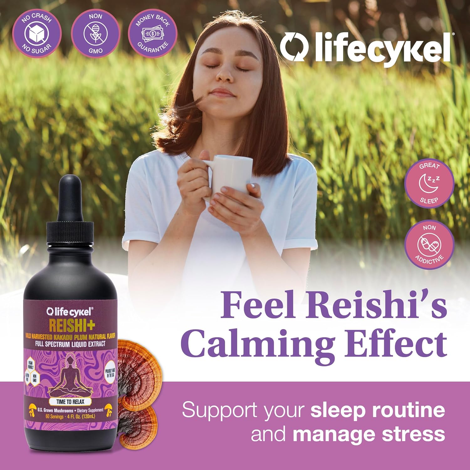 Life Cykel - Reishi Mushroom Extract w/Kakadu Plum- Adaptogen for Sleep Help, Relaxation & Cellular Support- 100% Organic Mushrooms, Antioxidants Vitamin C, 2oz (Packaging May Vary)