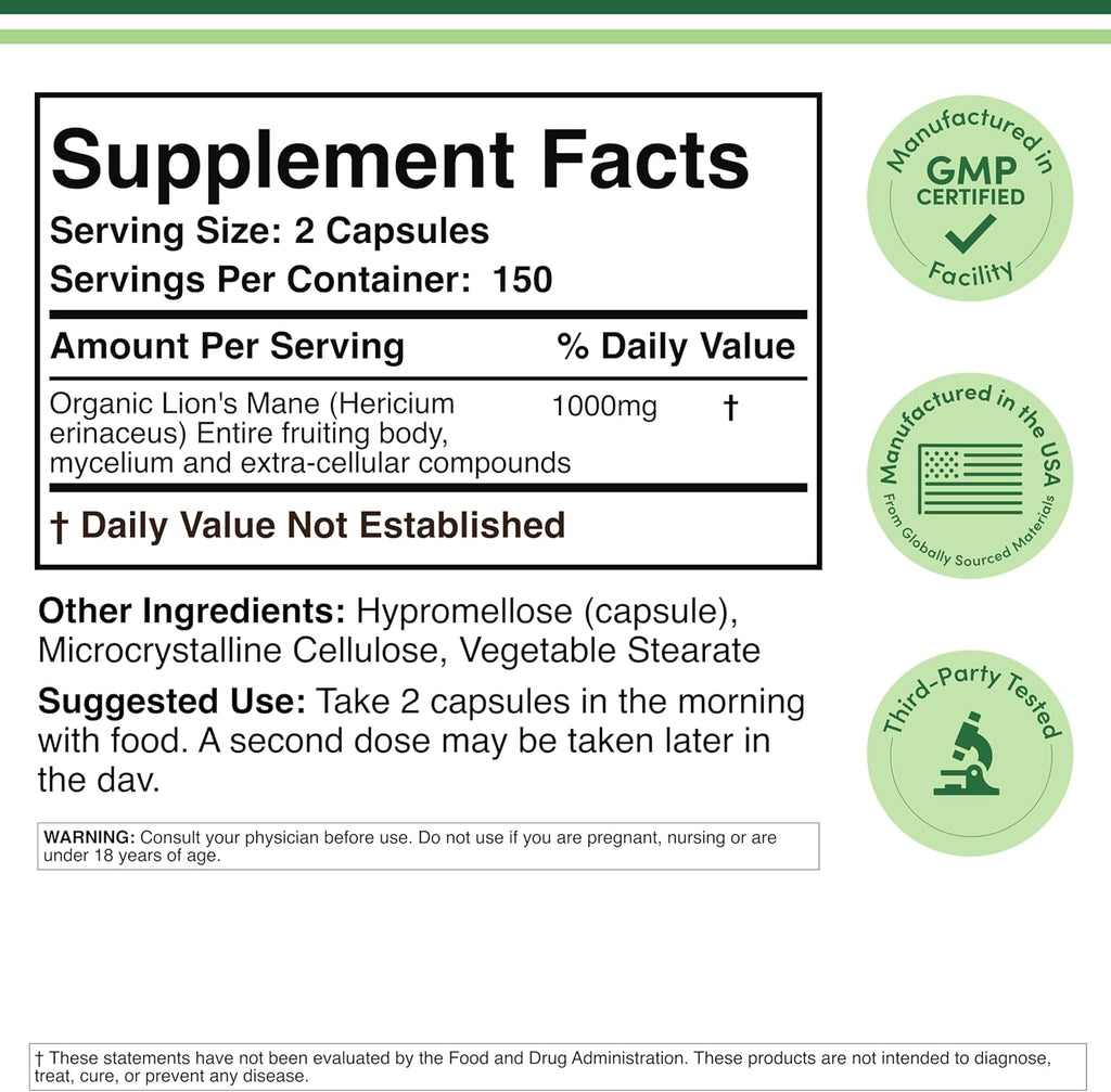 Organic Lions Mane Mushroom Capsules (300 Count), for Focus Support and Immune Health, Third Party Tested and Grown in The USA - by Double Wood