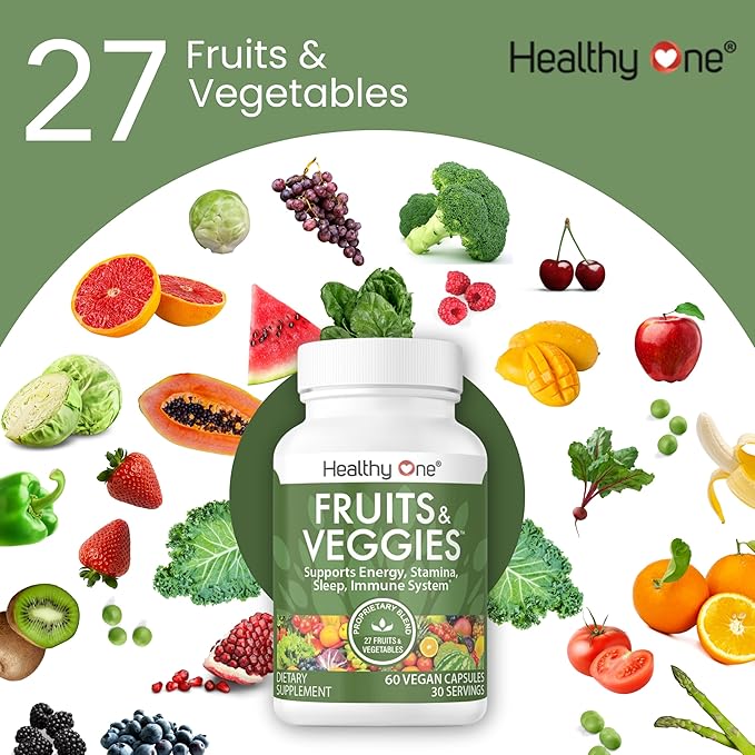 Fruits & Veggies Formula - 27 Premium Whole Foods - Organic Ingredients - Equals 3 Servings of Fruits & Vegetables - Improve Energy, Focus & Immune Function - Fiber - Antioxidants - 60ct (30 Serv)