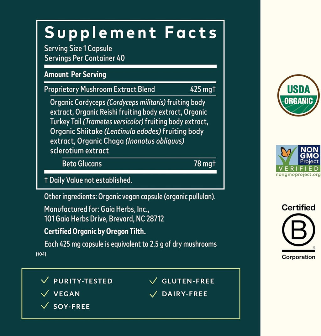 Gaia Herbs Immune Mushroom Blend - Immune Support Mushroom Supplement for Year-Round Health* - with Reishi, Cordyceps, Turkey Tail, Shiitake, and Chaga Mushrooms - 40 Vegan Capsules (40-Day Supply)