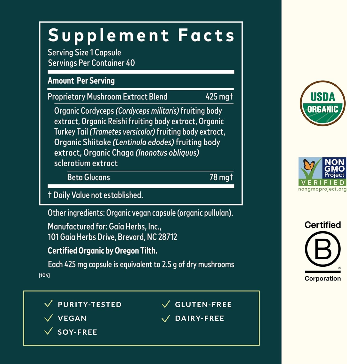 Gaia Herbs Immune Mushroom Blend - Immune Support Mushroom Supplement for Year-Round Health* - with Reishi, Cordyceps, Turkey Tail, Shiitake, and Chaga Mushrooms - 40 Vegan Capsules (40-Day Supply)