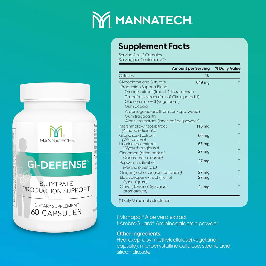 Mannatech Butyrate Supplement - Supports Gut Barrier Function, Intestinal Health, and Digestive Comfort - Promotes Short Chain Fatty Acid Production, Immune Support Supplement GI-Defense 60 Capsules