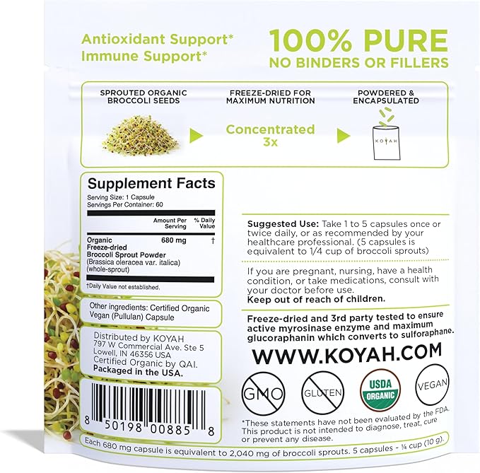KOYAH - Organic Broccoli Sprout Capsules – Freeze-Dried Whole Broccoli Sprouts – 3rd Party Tested for Active Myrosinase & Glucoraphanin (Sulforaphane Glucosinolate) - 60 Capsules
