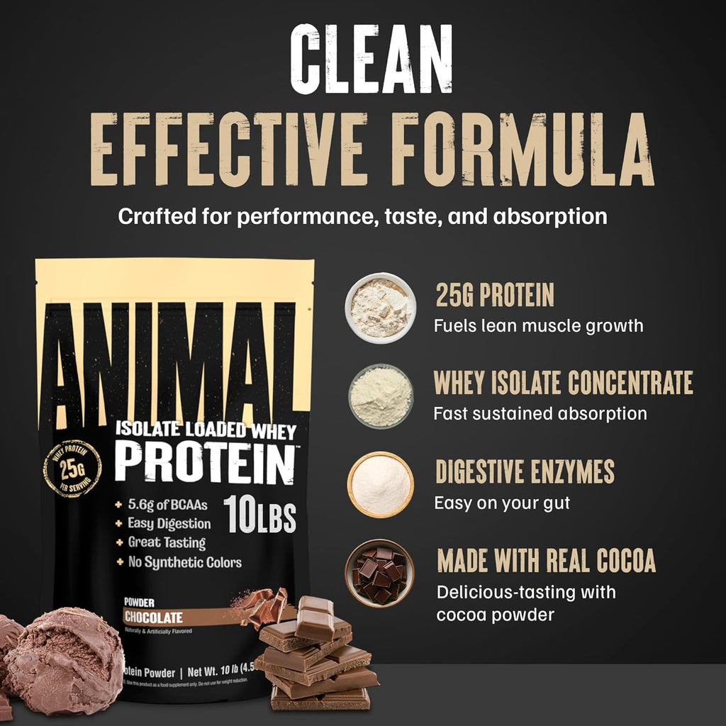Animal Whey Isolate Protein Powder - Loaded for Pre & Post Workout Muscle Builder and Recovery with Digestive Enzymes for Men & Women - 25g Protein, Great Taste, Low Sugar - Chocolate 10 lbs