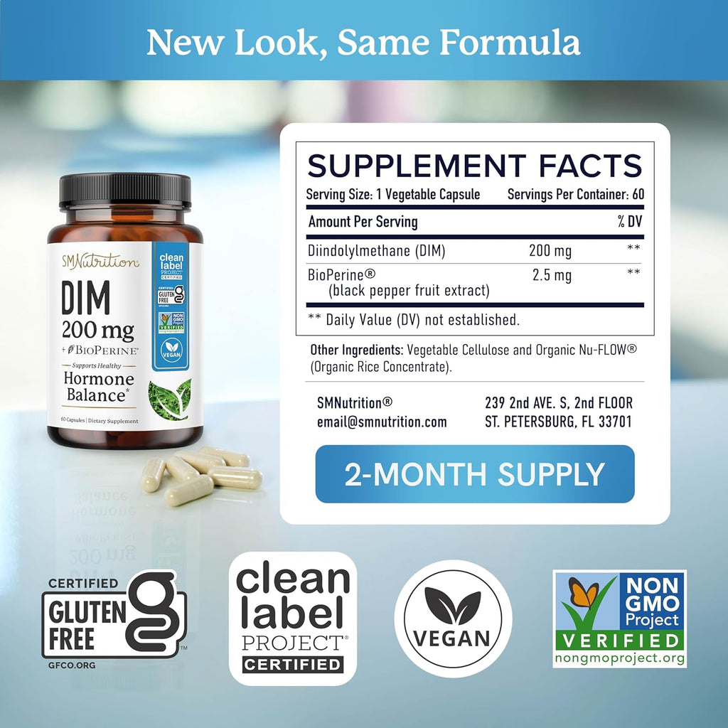 DIM Supplement 200 mg | Estrogen Balance for Women & Men | Hormonal Acne, Hormone Balance, Menopause & Antioxidant Support | Clean Label Project Certified, Vegan & Soy Free Diindolylmethane | 60 Ct.
