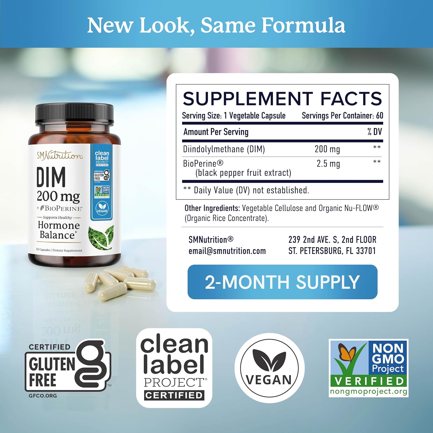 DIM Supplement 200 mg | Estrogen Balance for Women & Men | Hormonal Acne, Hormone Balance, Menopause & Antioxidant Support | Clean Label Project Certified, Vegan & Soy Free Diindolylmethane | 60 Ct.