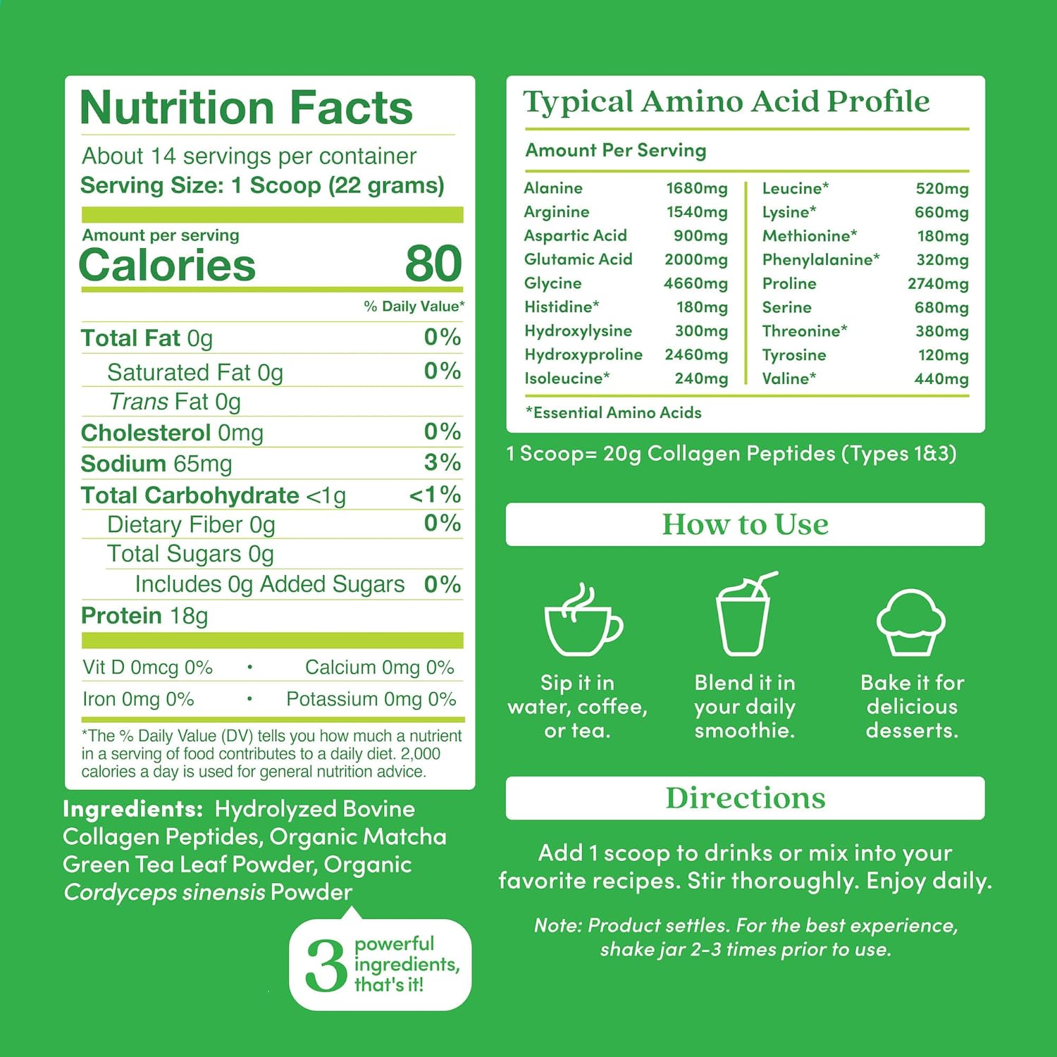 Further Food Matcha Collagen Peptides Powder - Organic Matcha & Cordyceps for All Day Energy, Mental Clarity & Immunity & Premium for Gut Health, Joints, Skin, Hair & Nails 10.62 oz