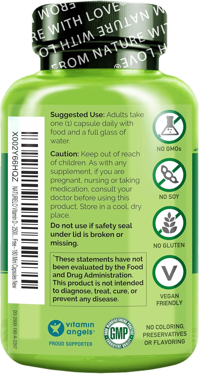 NATURELO Vitamin D - 2500 IU - Plant Based from Lichen - Natural D3 Supplement for Immune System, Bone Support, Joint Health - Vegan - Non-GMO - Gluten Free - 180 Capsules