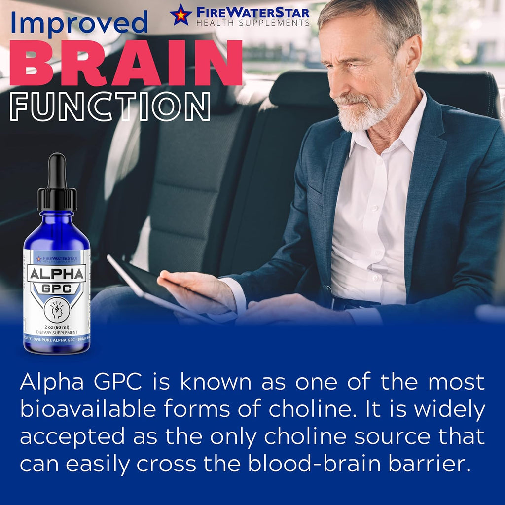 FWS Alpha GPC, 300 mg Liquid Alpha GPC Choline, Organic, Non-GMO, Fast Acting Nootropic Brain Supplement for Memory and Focus, Supports Healthy Brain Function for Mental Clarity