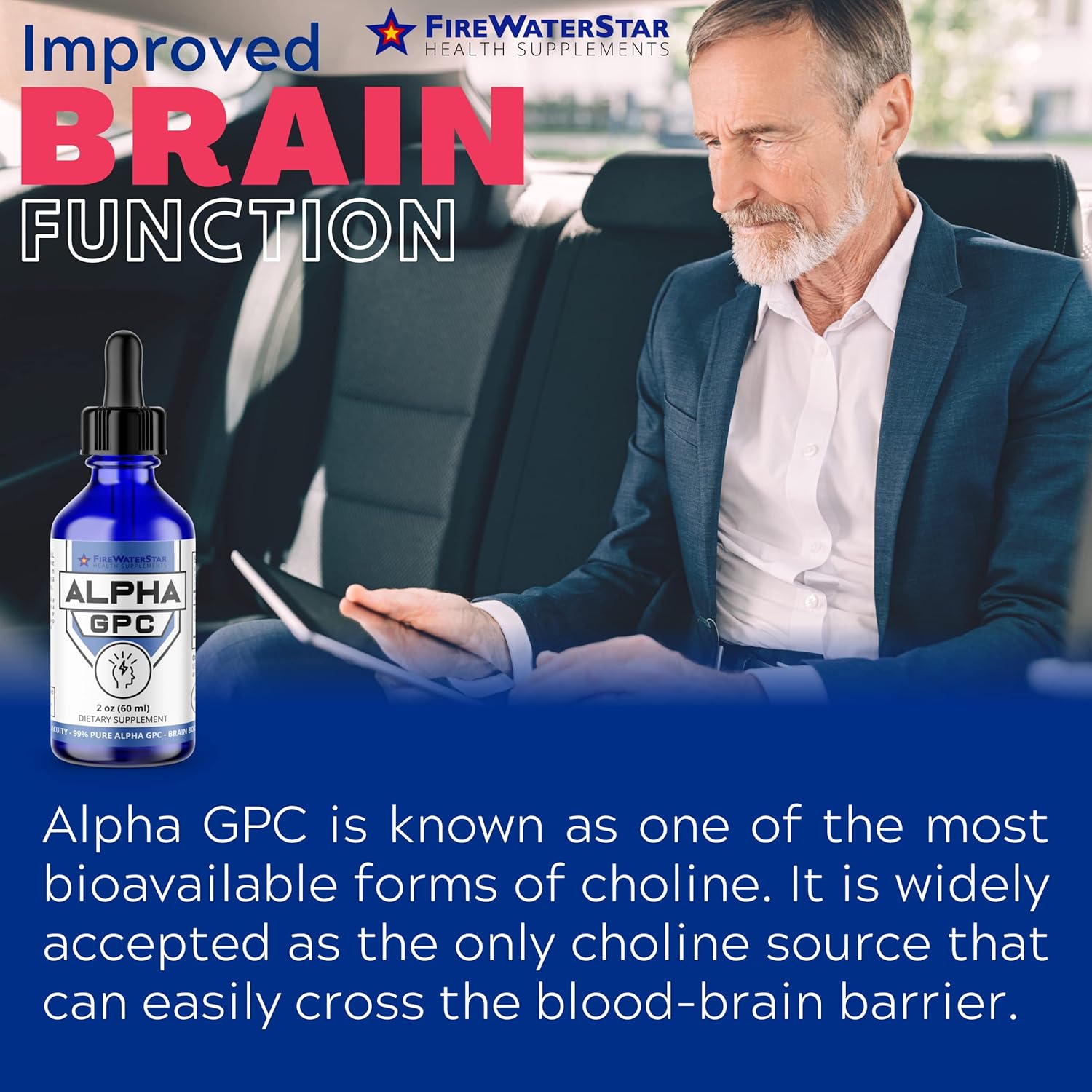 FWS Alpha GPC, 300 mg Liquid Alpha GPC Choline, Organic, Non-GMO, Fast Acting Nootropic Brain Supplement for Memory and Focus, Supports Healthy Brain Function for Mental Clarity