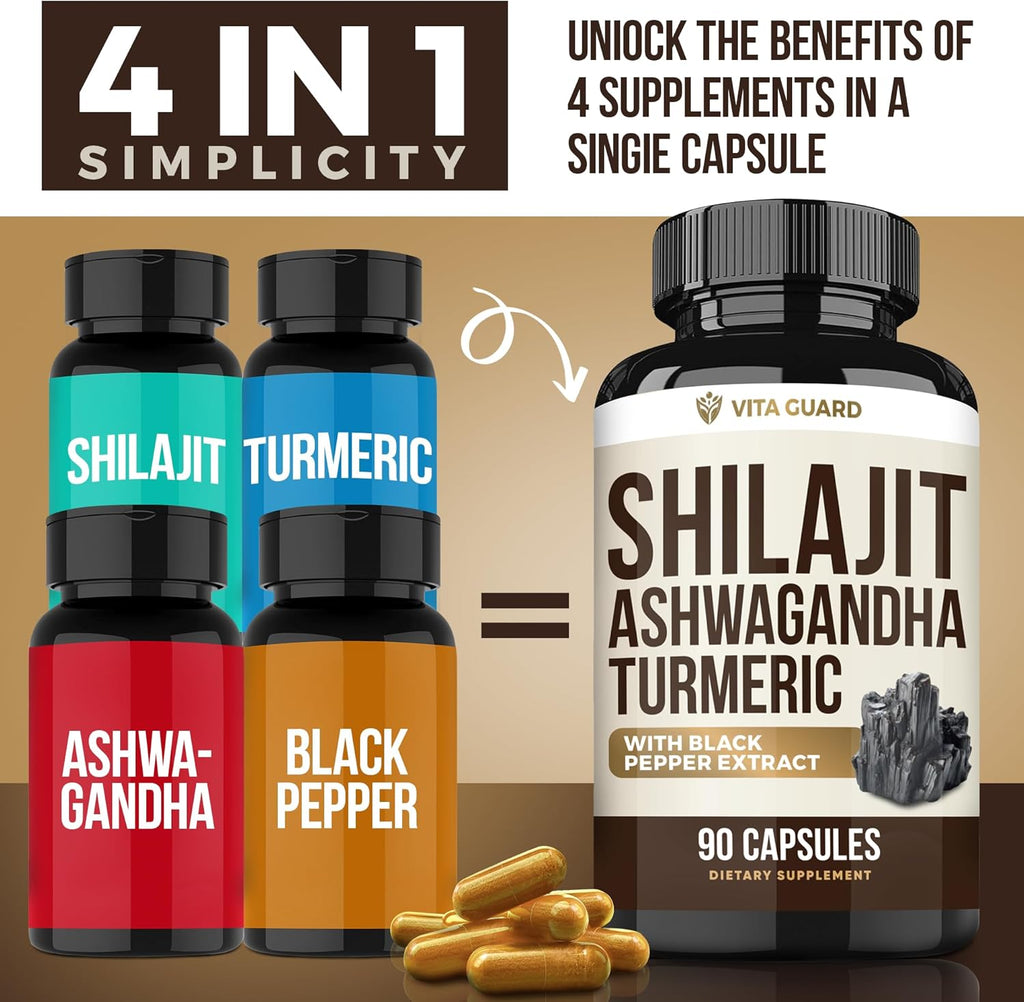 Himalayan Shilajit + Ashwagandha & Turmeric - 1610mg | Vegan Capsules with Fulvic Acid, 95% Curcuminoids & Black Pepper | Joint, Mood & Immune Support | 90 Count