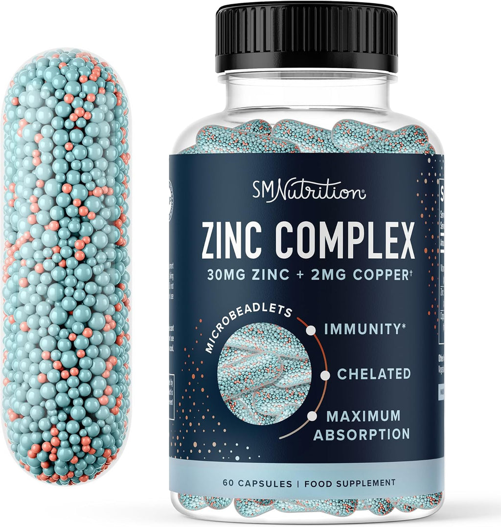 Zinc Supplement Microbeadlets for Immune & Acne Support | Highly Absorbable Zinc Bisglycinate & Orotate with 2mg Chelated Copper + Vitamin B6 | Vegan, Gluten-Free | 60 Capsules (2 Month Supply)