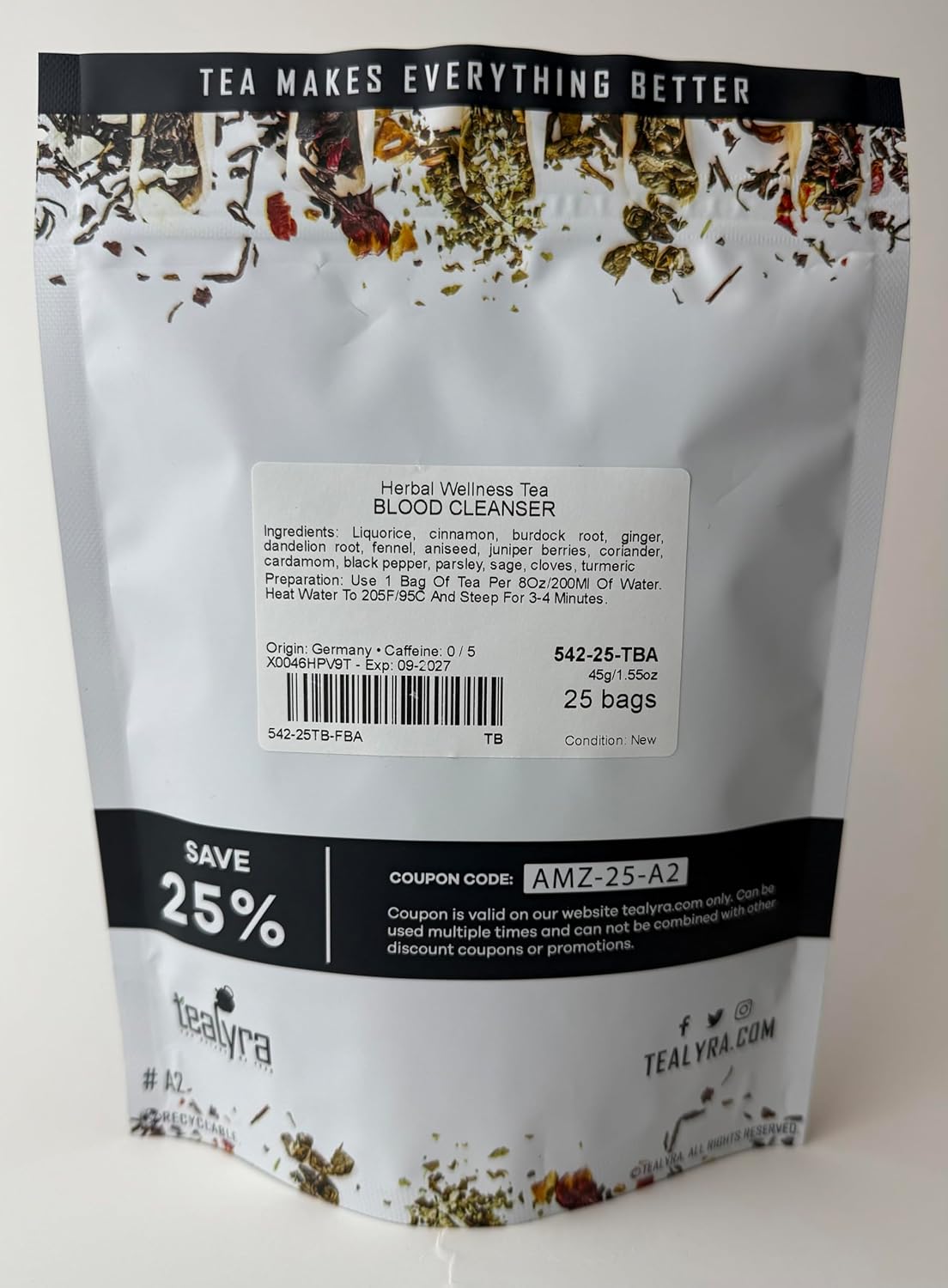 Tealyra - Blood Cleanser Tea - 25 Bags - Wellness Detox - Health Tonic - Dandelion - Ginger - Loose Leaf Herbal Tea - Natural Cleanse - Diuretic Tea - Caffeine-Free - 25 Sachets