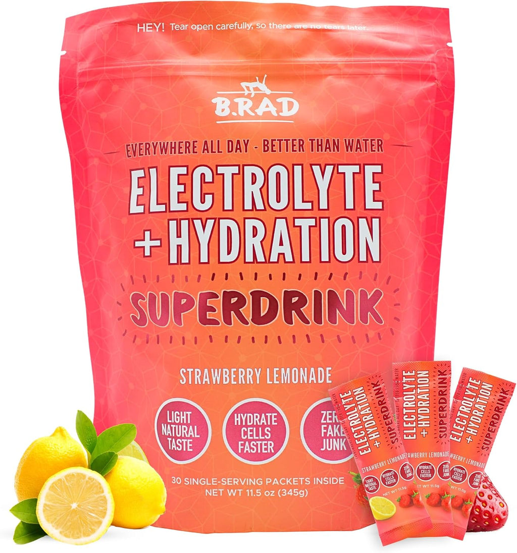 B.rad Superdrink Sugar-Free Electrolyte & Hydration Powder w/Creatine | Plus Brain & Recovery Boosters | 30 Jumbo Single-Serving Packets of 11.5g | Light, Natural Strawberry Lemonade Flavor