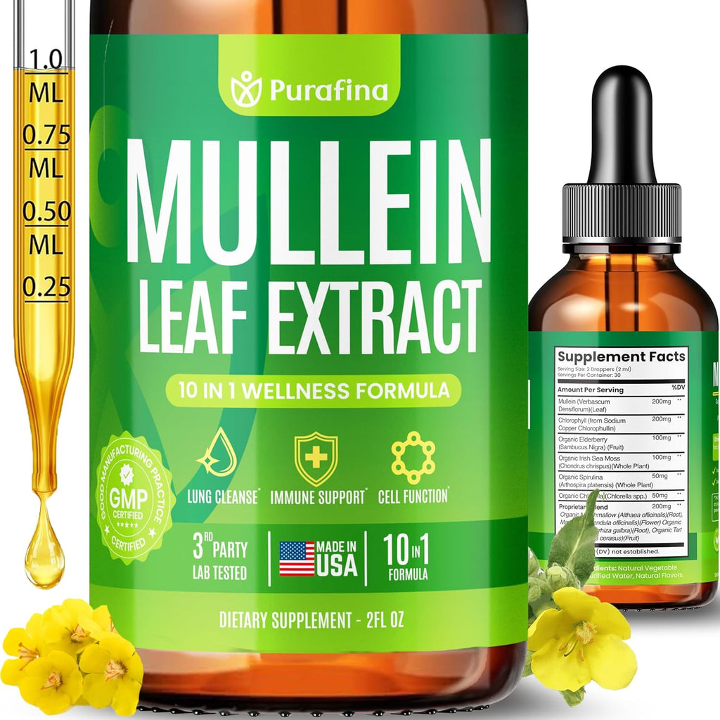 Mullein Drops For Lungs, 10-in-1 Mullein Leaf Extract for Lung Cleanse with Chrolophyll, Sea Moss, Spirulina, Elderberry Organic Respiratory Health Lung Detox - USA Made Mullin Supplement (1 Bottle)