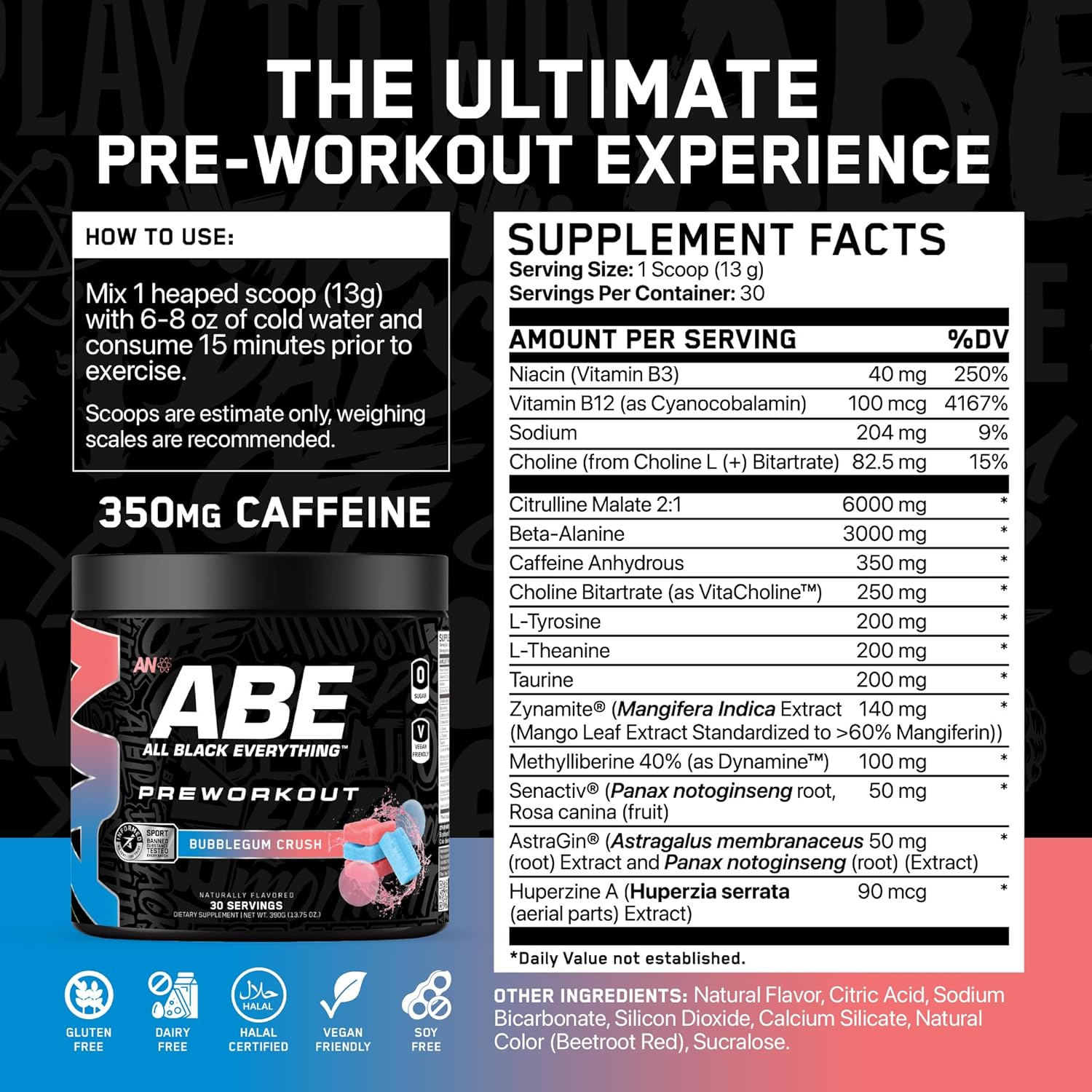 All Black Everything Pre Workout Powder | 30 Servings | Bubblegum Crush | 350mg Caffeine | Nootropic Pre-Workout Blend | Beta Alanine + Citrulline | Energy Supplement for Men and Women