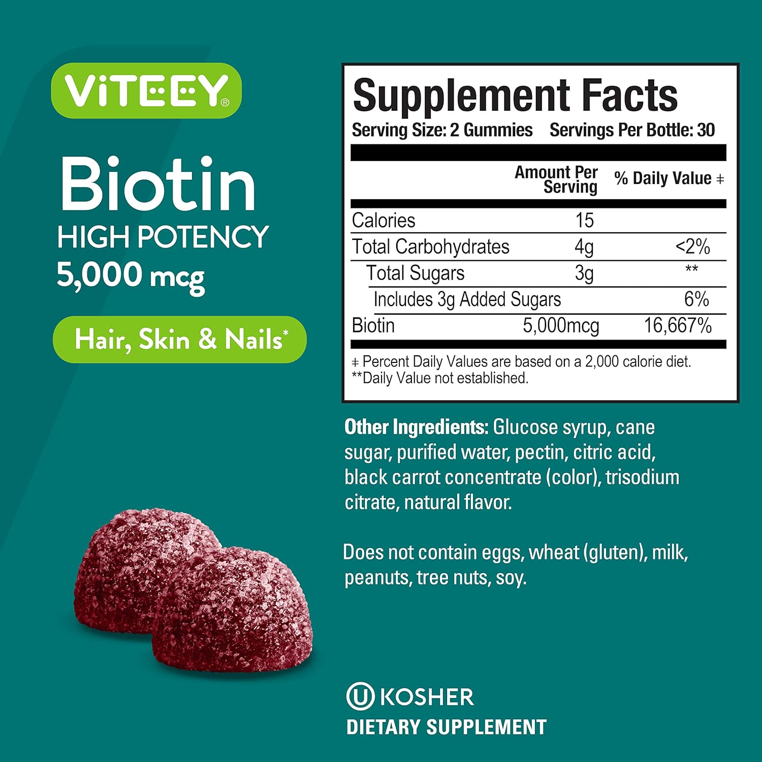 VITEEY Biotin Gummies for Hair Skin and Nails - Biotin for Hair Growth Gummies - 5000 mcg - Vegan, Gluten-Free, Non-GMO – 120 Count