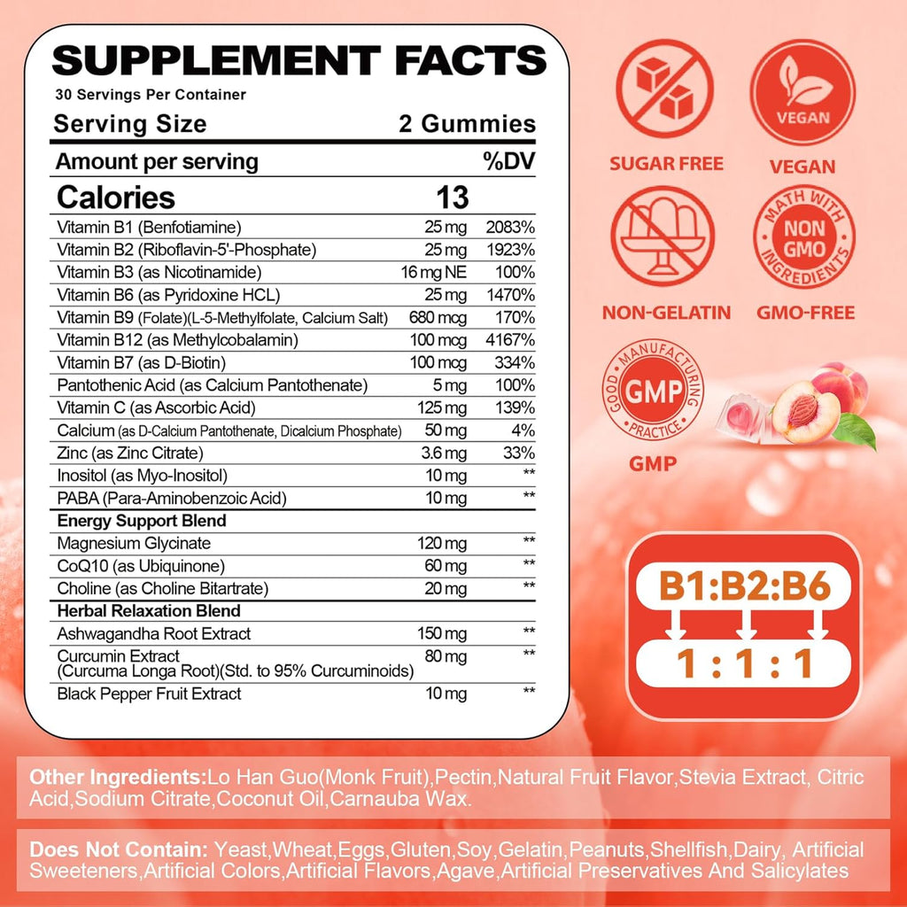 Natural Methylated Vitamins B Gummies: Chewable Supplement Complex with B1 B2 B3 B5 B6 B7 B9 B12 Zinc Magnesium Ashwagandha for Daily Energy Support - for Vegan Work Adults(60Count)