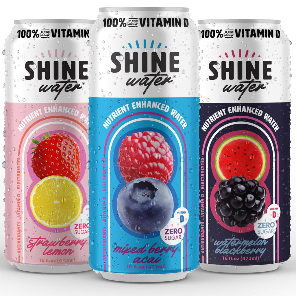 ShineWater Vitamin D Hydration Electrolyte Drink - Flavored water with electrolytes, Sugar-Free, Magnesium, Zinc, Vitamin B12, Folic Acid, Plant-Based Fruit Water, Low Calorie - Variety Pack of 6