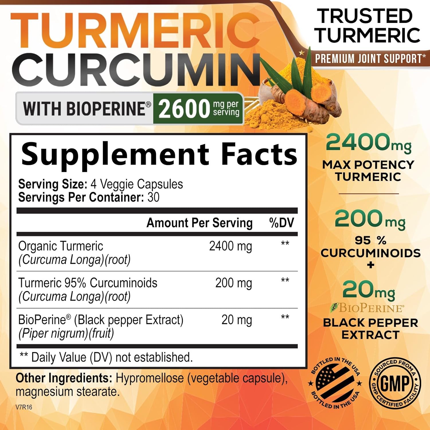 Turmeric Curcumin Supplement with BioPerine 95% Curcuminoids 2600mg with Black Pepper for Best Absorption, Bottled in USA, Best Natural Vegan Joint Support, Nature's Non-GMO Tumeric - 120 Capsules