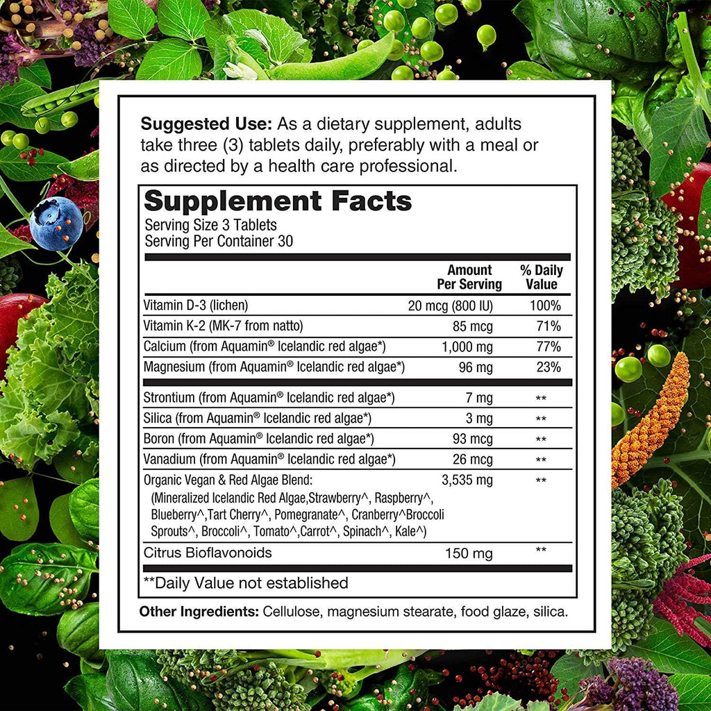 PlantFusion Vegan Calcium, Premium Plant Based Calcium (1000mg) Sourced from Icelandic Red Algae, Plus Magnesium, D3, K2, and Boron, 90 Vegan Tablets
