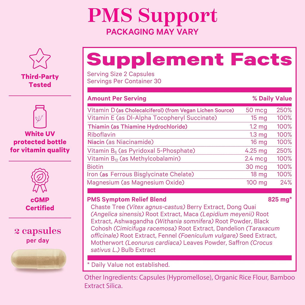 Pink Stork PMS Supplement for Women - Vitex, Ashwagandha, Maca Root & 10 Vitamins & Minerals to Support Hormone Balance, Mood, Bloating, Period Regularity - 60 Capsules