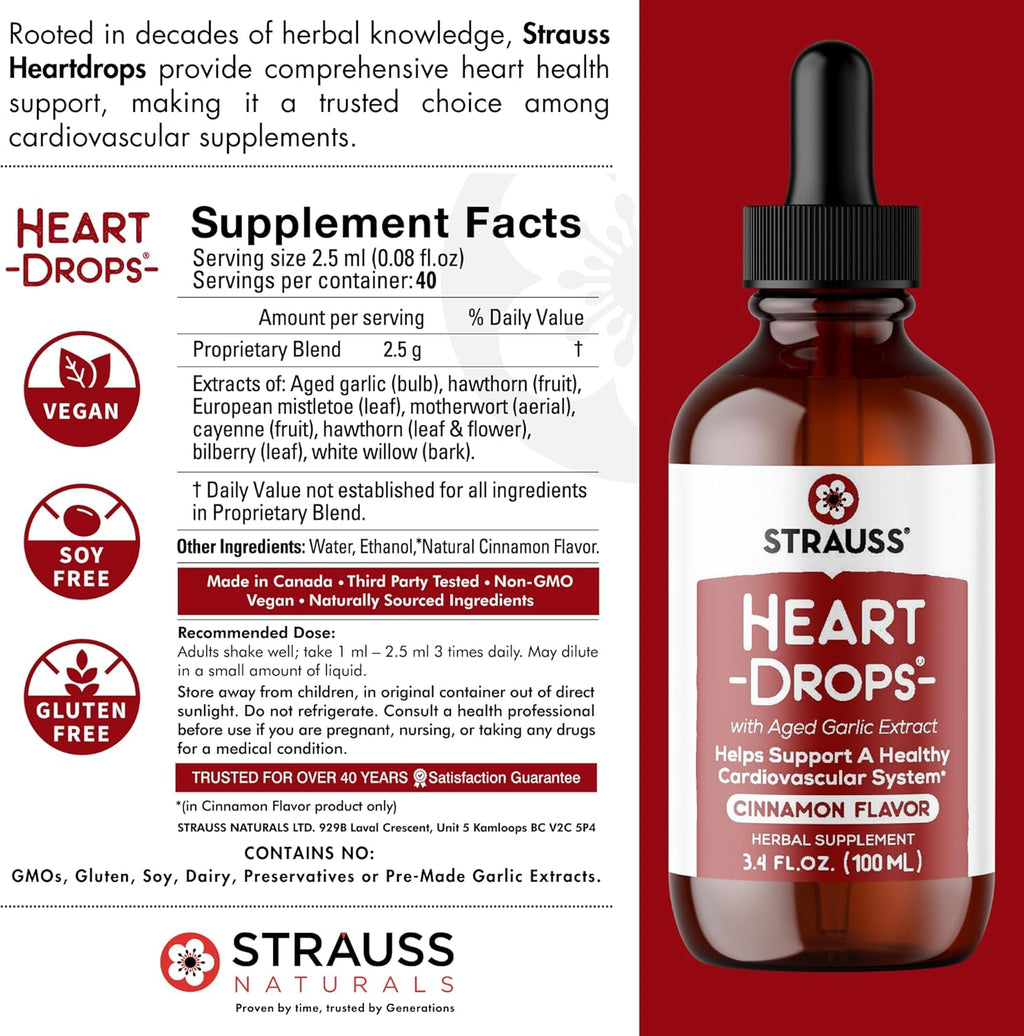 Strauss Naturals Heartdrops, Herbal Heart Supplements with European Mistletoe and Extracts of Aged Garlic, 3.4 fl oz, Cinnamon Flavor