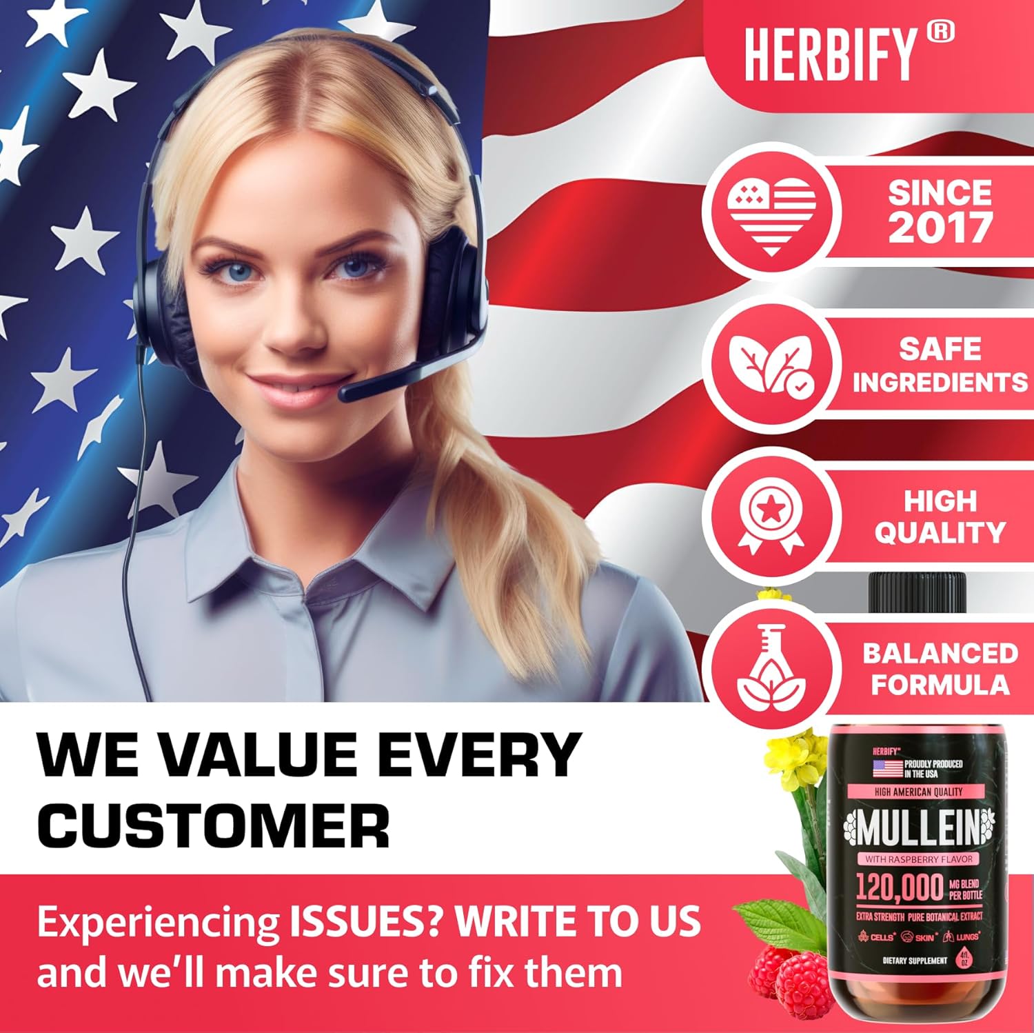 HERBIFY Mullein Drops - Lung Cleanse - Leaf Extract - Powerful Mullein for Immune Support, Detox & Respiratory Support - Made in USA - 4 Oz Raspberry Flavor