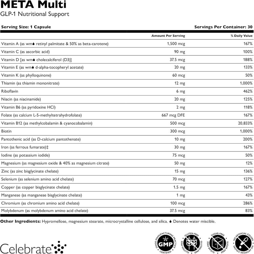 Celebrate Vitamins META Multi GLP-1 Multivitamin Weight Support – 30 Capsules – Once-Daily Supplement w Iron, Vitamin D, B12, Magnesium – GLP-1 Vitamin for Hair Loss, Fatigue & Nutrient Gaps