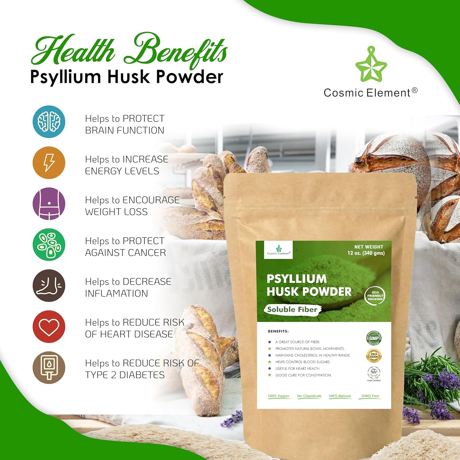100% Pure Psyllium Husk Powder Organic - Fiber Supplement Powder | Psyllium Fiber Powder for Regularity and Keto Baking | Finely Ground Psyllium Husk Powder for Baking and Bread - 12 oz