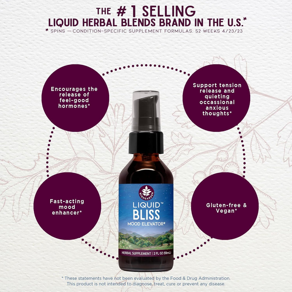 WishGarden Herbs Liquid Bliss Mood Elevator - Plant-Based Herbal Mood Support Supplement, Natural Mood Booster with Organic Cacao, Cotton Root, Passionflower, Increases Sense of Connection, .66oz