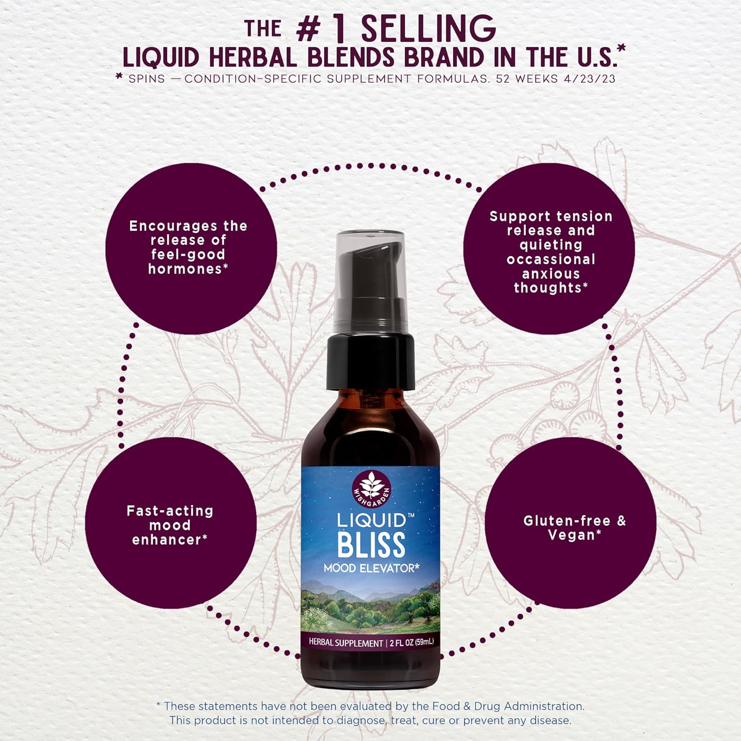 WishGarden Herbs Liquid Bliss Mood Elevator - Plant-Based Herbal Mood Support Supplement, Natural Mood Booster with Organic Cacao, Cotton Root, Passionflower, Increases Sense of Connection, .66oz