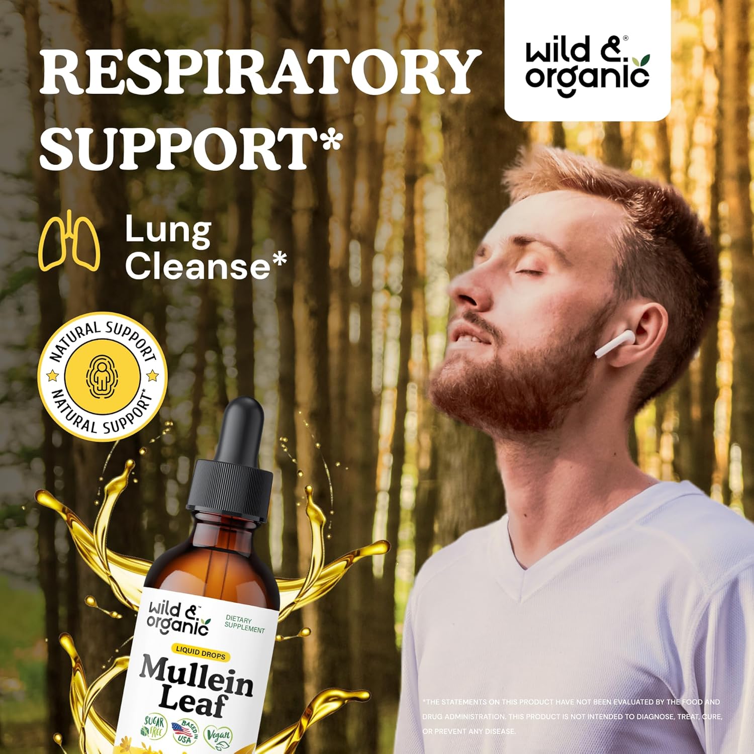 Wild & Organic Mullein Drops for Lungs - Lung Detox and Cleanse - Liquid Mullein Leaf Tincture with Echinacea & Licorice Root - Vegan, Sugar & Alcohol-Free Extract Supplement - 2 fl oz
