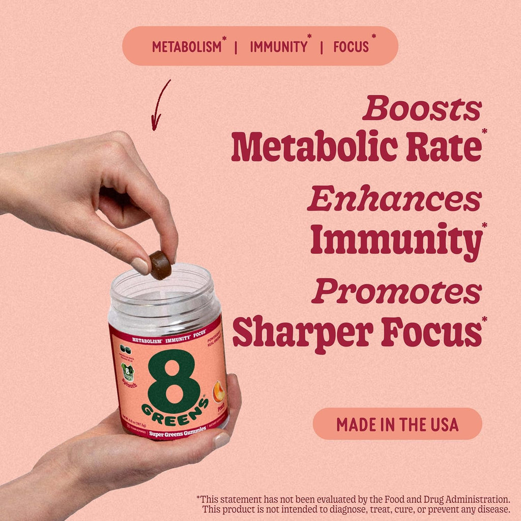 8Greens Supergreens Gummies | Super Greens Powder Superfood Gummy for Metabolism, Immunity & Focus, Digestive Health Enzymes, Organic: Chlorella, Spirulina, Aloe Vera, Peach Flavor, 50 Count