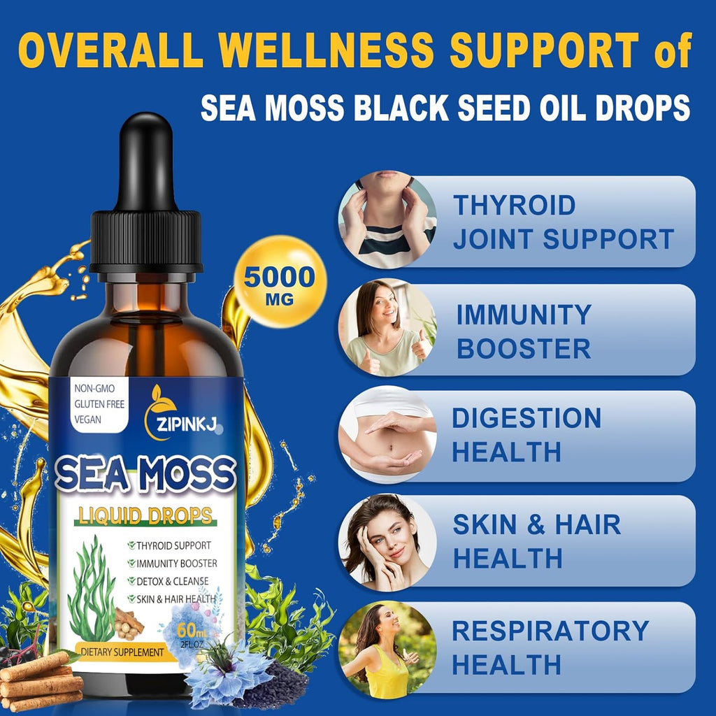 Organic Sea Moss Drops, 11 in 1 Black Seed Oil & Irish Liquid Sea Moss Gel Ashwagandha Burdock Root, Spirulina, Bladderwrack, Elderberry for Digestion, Immunity, Skin Hair Health, Non-GMO - 4 Fl Oz