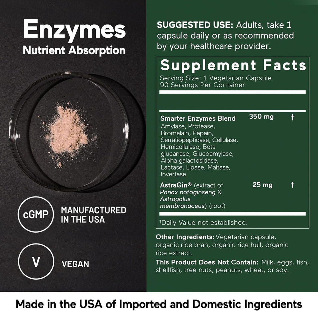 Smarter Nutrition Vegan Digestive Enzymes - Digestion Bloating & Gut Health Support with 16 Multi Enzymes for Nutrient Absorption & Meal Time Comfort for Both Men & Women - 90 Count[30-Day Supply]