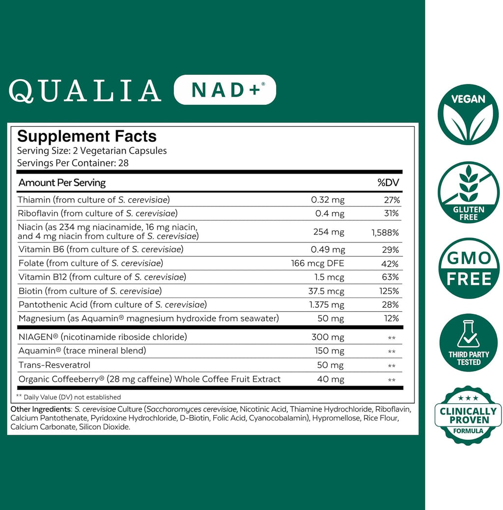 Qualia NAD Supplement — Clinically Proven to Boost NAD+ up to 67%. Optimized Aging, Energy, Focus. Elite NAD+ Booster Ingredients Nicotinamide Riboside (NIAGEN), Niacin, Niacinamide (1 Month Supply)