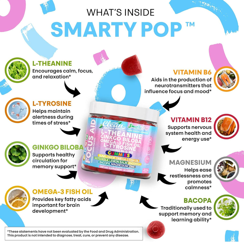 Clean Nutra Kids Focus Gummies with L-Theanine, Ginkgo Biloba, Omega-3 Fish Oil, L-Tyrosine, Vitamin B6, Vitamin B12 – 60 Count – Clean Label, Non-GMO, Vegan-Friendly, SmartyPop Formula