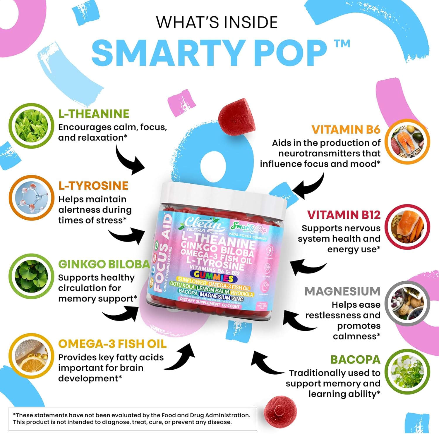 Clean Nutra Kids Focus Gummies with L-Theanine, Ginkgo Biloba, Omega-3 Fish Oil, L-Tyrosine, Vitamin B6, Vitamin B12 – 60 Count – Clean Label, Non-GMO, Vegan-Friendly, SmartyPop Formula