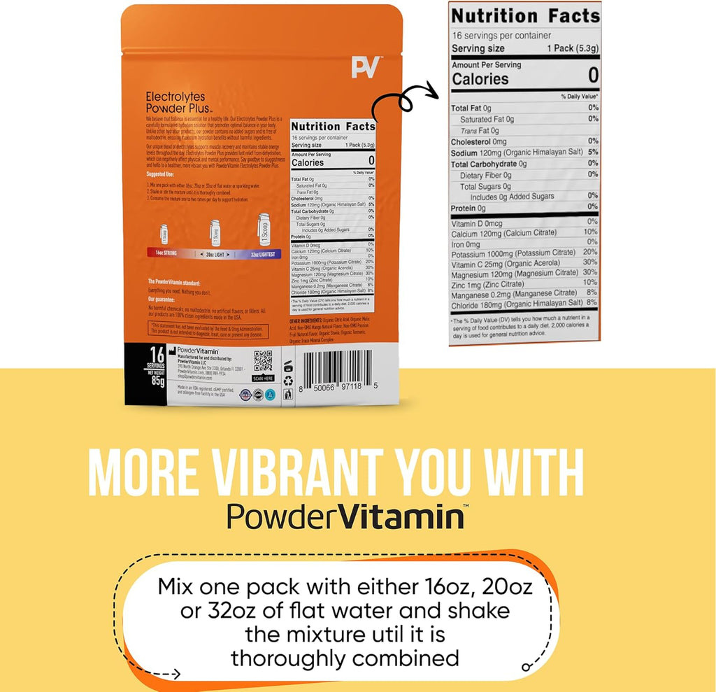 PowderVitamin Electrolytes Powder Plus, Keto, Mango Passionfruit, Sugar Free, Pink Himalayan Salt, 1000mg Potassium, 120mg Calcium, 120mg Magnesium, Non-GMO, Zero Calories, (16 Hydration Packets)