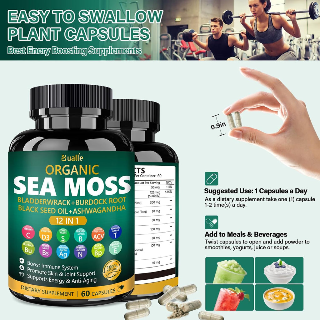 Bualle Organic Sea Moss Capsules with Sea Moss,Black Seed Oil,Ashwagandha,Bladderwrack,Ginger,Burdock Root for Immune System,Skin,Energy Support-120 Capsules (2 Pack)