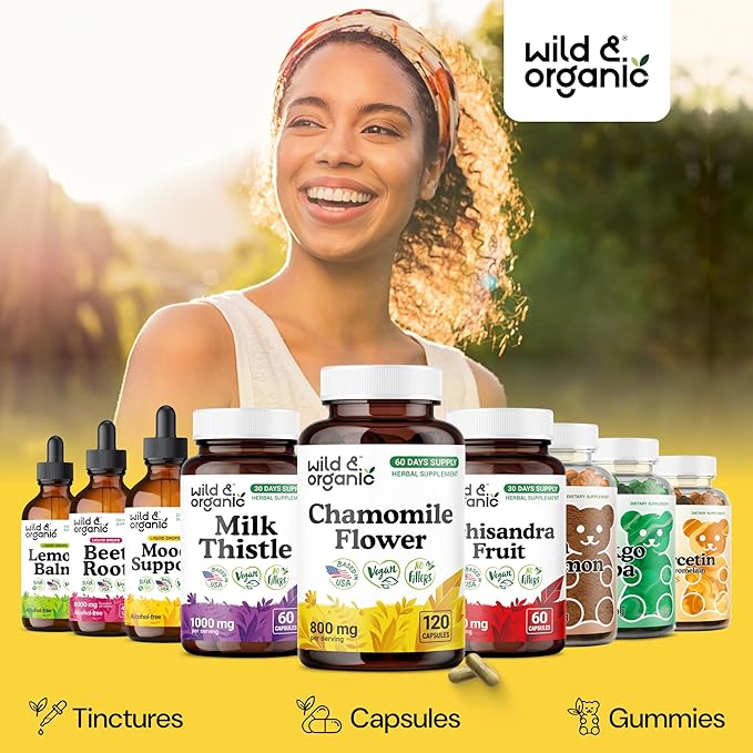 Wild & Organic Chamomile Extract Capsules 800 mg - Relaxation & Digestive Support - Chamomile Flower Extract Supplement - Matricaria Recutita Herb - Vegan, No Fillers, Non-GMO - 120 Count
