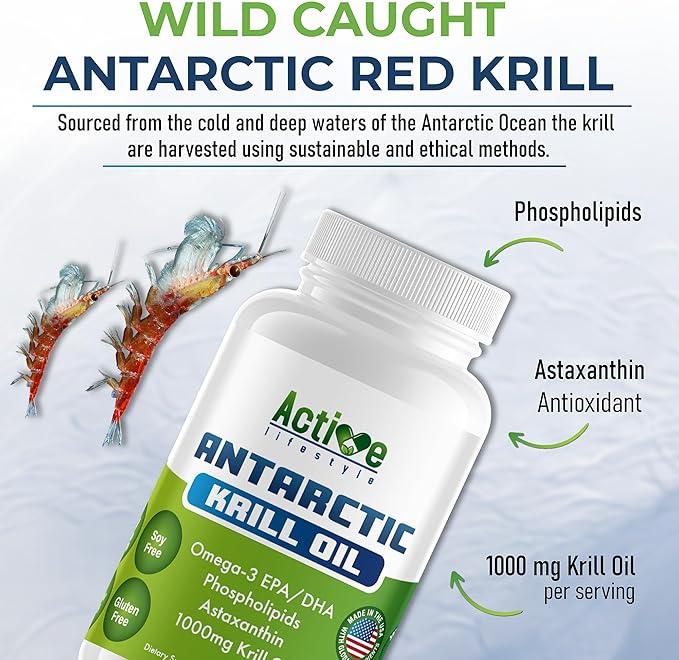 Active Lifestyle Antarctic Krill Oil Supplement, High Absorption EPA, DHA, Astaxanthin & Phospholipid, Red Krill, GMO Free, Gluten Free, Soy Free, Dairy Free, Lab Tested, Made in USA