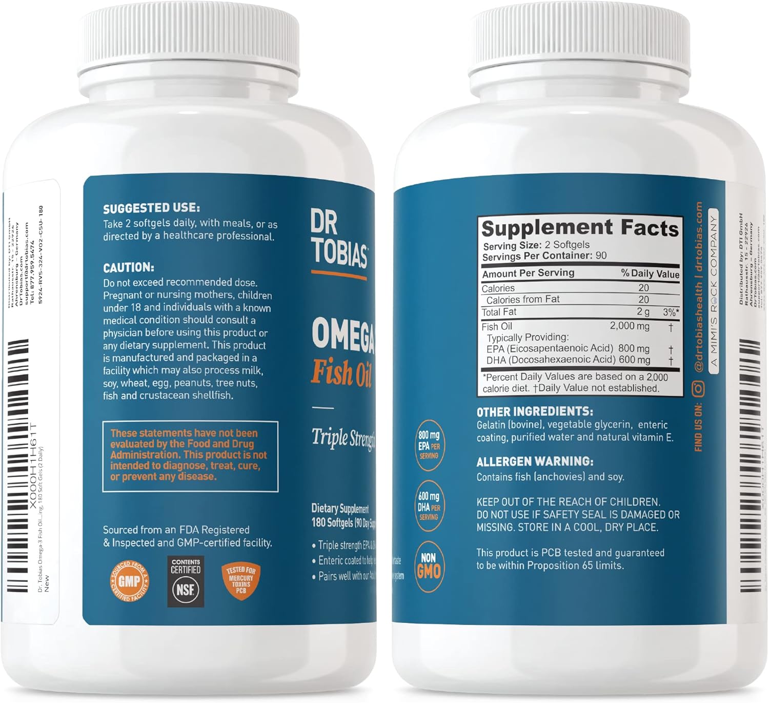 Dr. Tobias Omega 3 Fish Oil, 2000mg Triple Strength with 800mg EPA 600mg DHA Per Serving, Fish Oil Omega 3 Supplements for Heart, Brain & Immune Support, 360 Softgels, 180 Servings