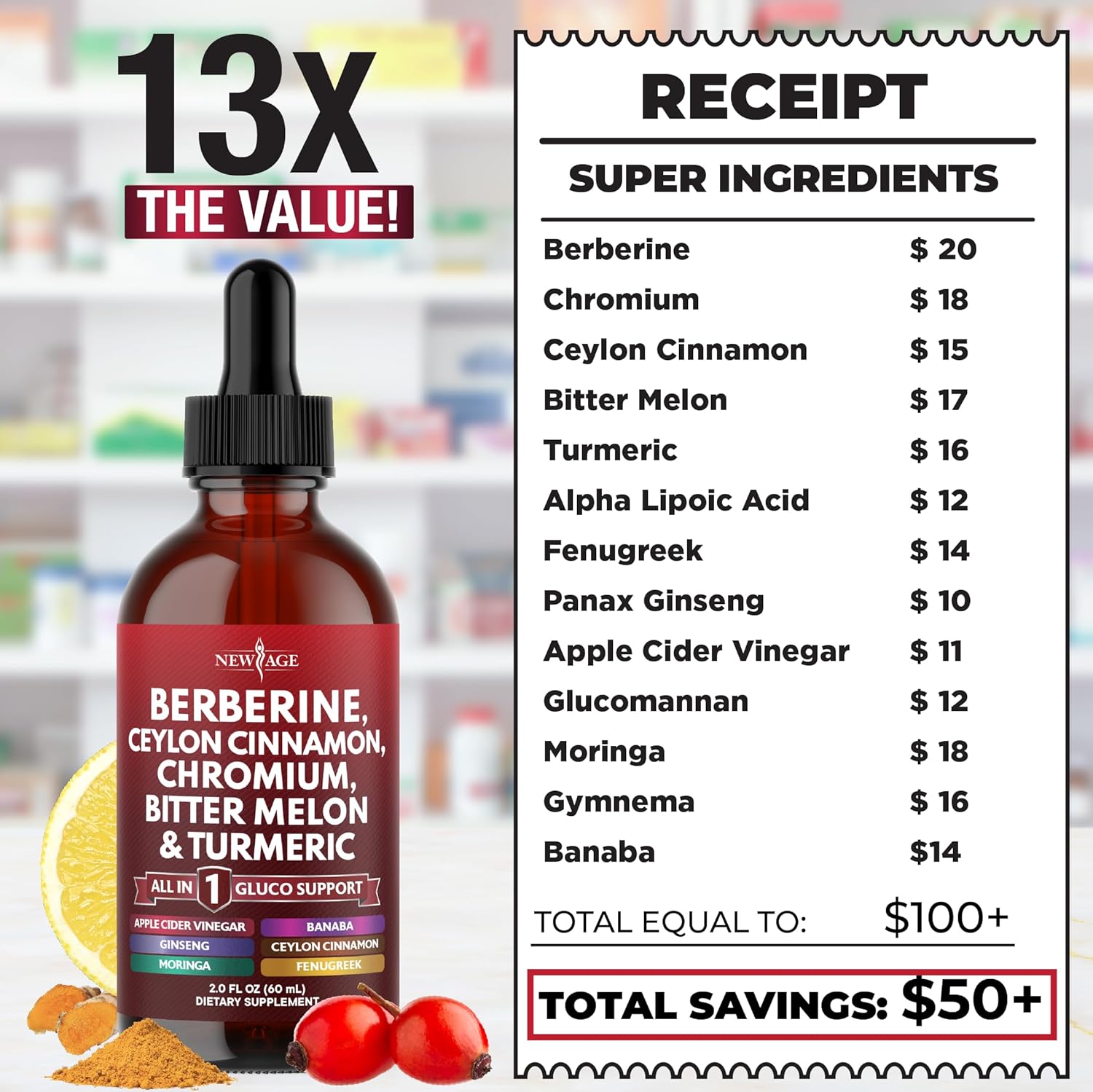 Berberine with Ceylon Cinnamon Supplement Liquid Drops + Bitter Melon Extract, Glucomannan, Gymnema, Chromium, Turmeric, Panax Ginseng, Moringa- 4 OZ
