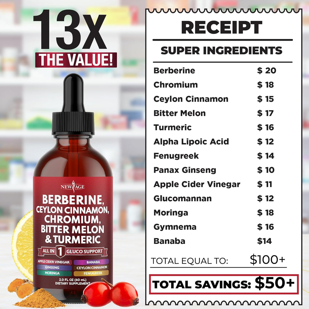 Berberine with Ceylon Cinnamon Supplement Liquid Drops + Bitter Melon Extract, Glucomannan, Gymnema, Chromium, Turmeric, Panax Ginseng, Moringa - 2 OZ